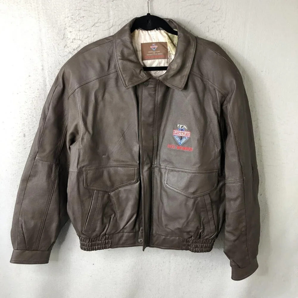Handyman Club Of America Jacket Mens L Brown Leather Bomber Aviator Logo Retro - Picture 1 of 16